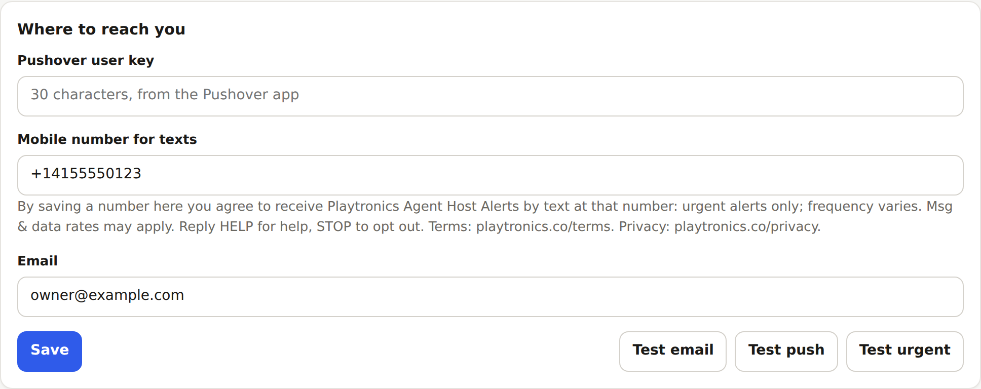 Agent host notification settings: a mobile number field with the SMS consent statement beneath it